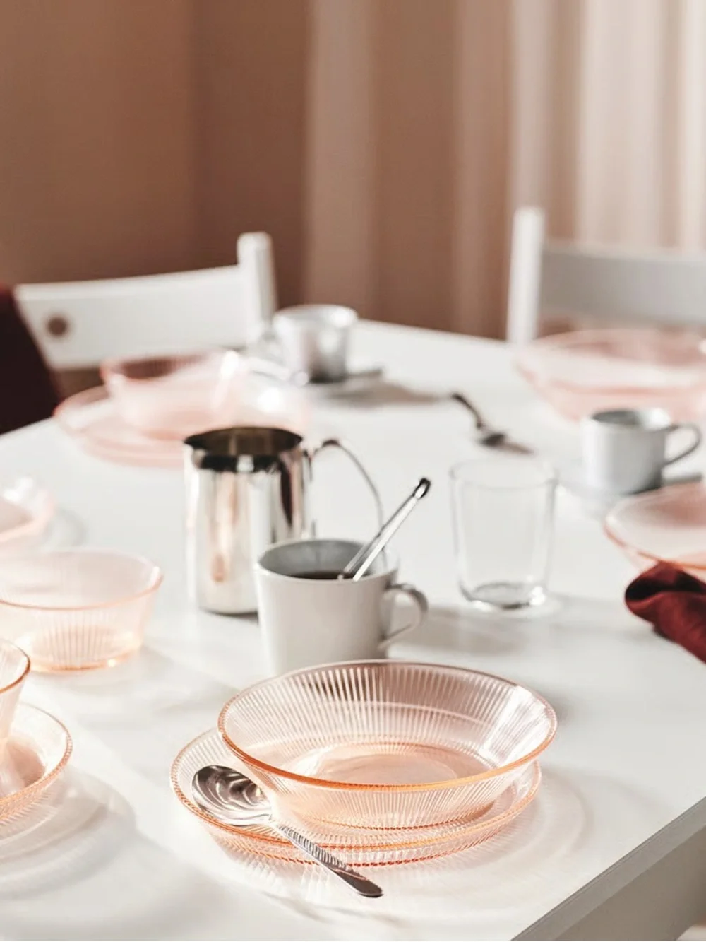 Set of Four Pink Stripe Deep Plates/Bowls